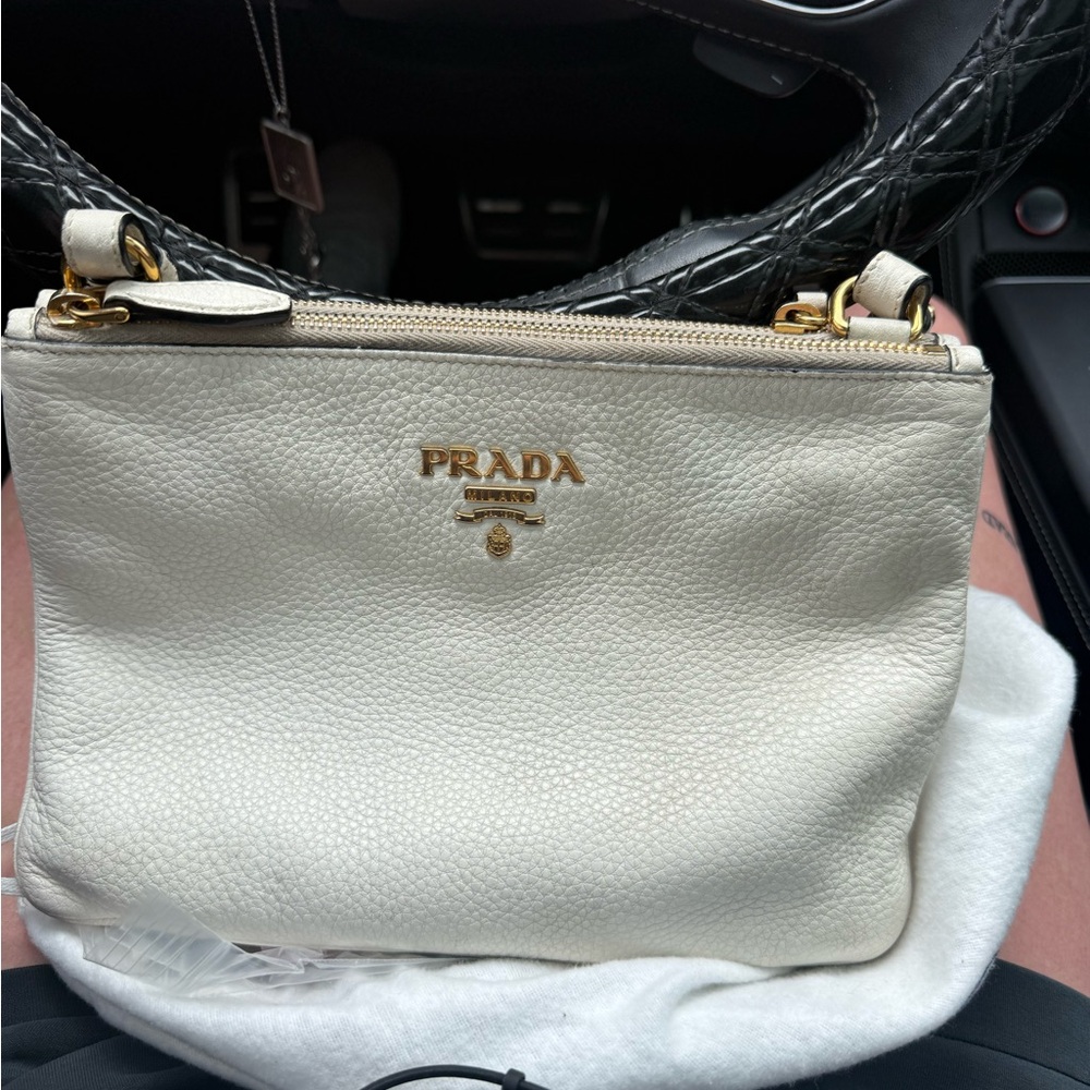 Prada White Leather Crossbody Bag with Gold Accents